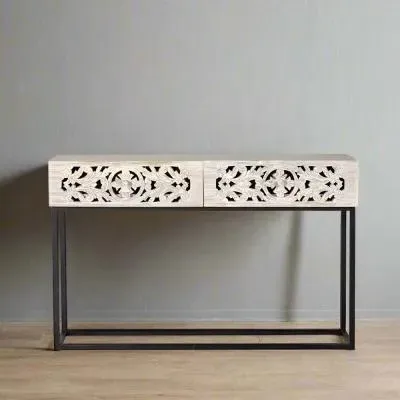 Quintana Carved 2 Drawer Console Table - White Washed, Mango Wood