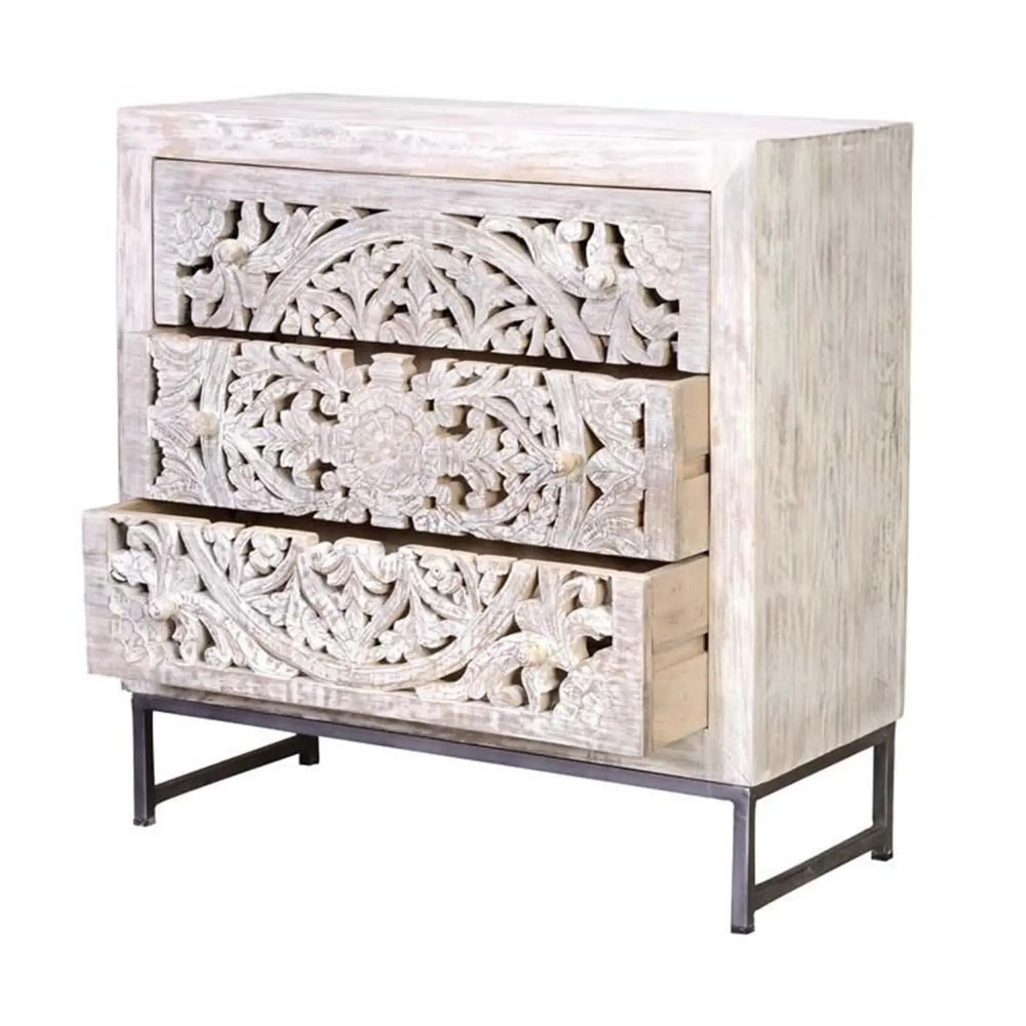 Quintana Carved 3 Drawer Chest - White, Mango Wood