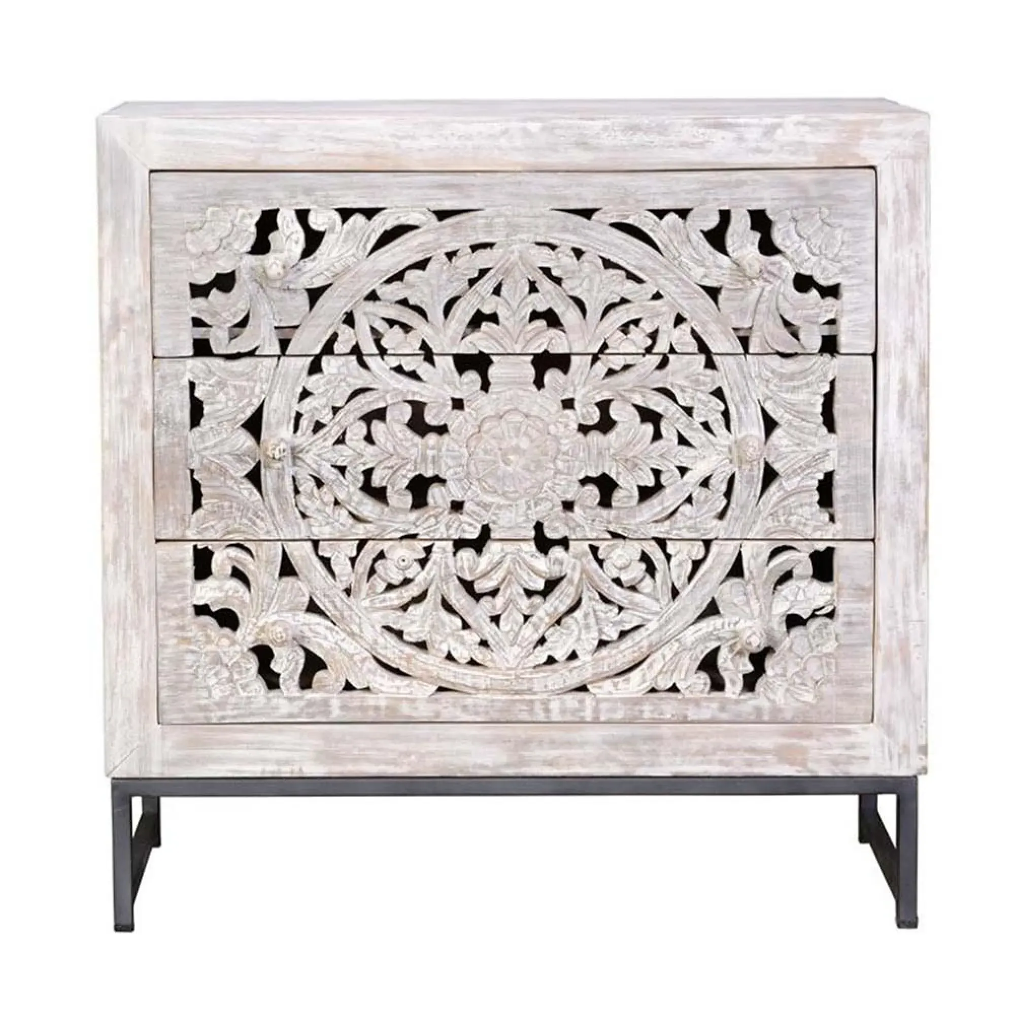 Quintana Carved 3 Drawer Chest - White, Mango Wood