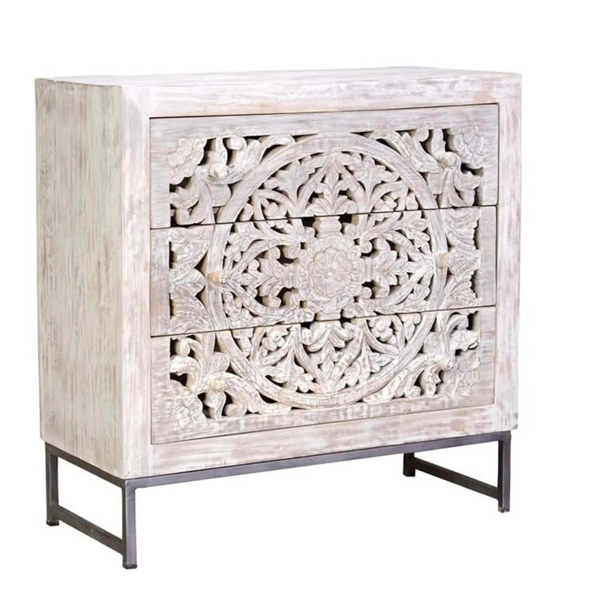 Quintana Carved 3 Drawer Chest - White, Mango Wood