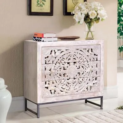 Quintana Carved 3 Drawer Chest - White, Mango Wood