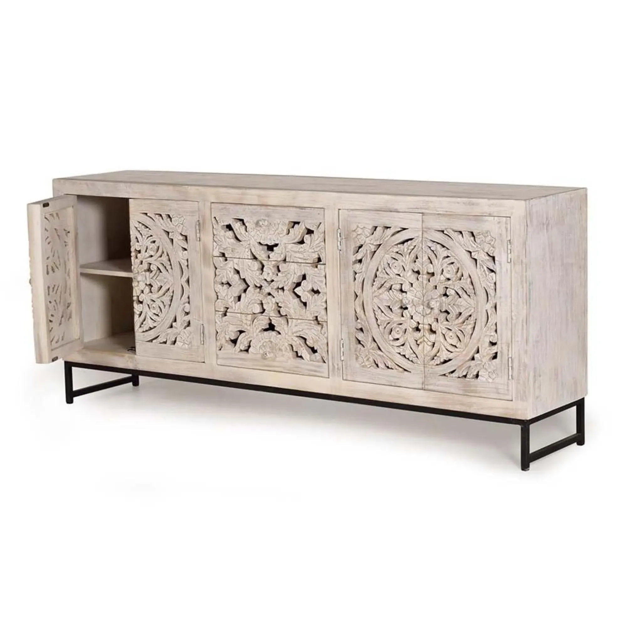 Quintana Carved 4 Door Sideboard - White Washed, Mango Wood