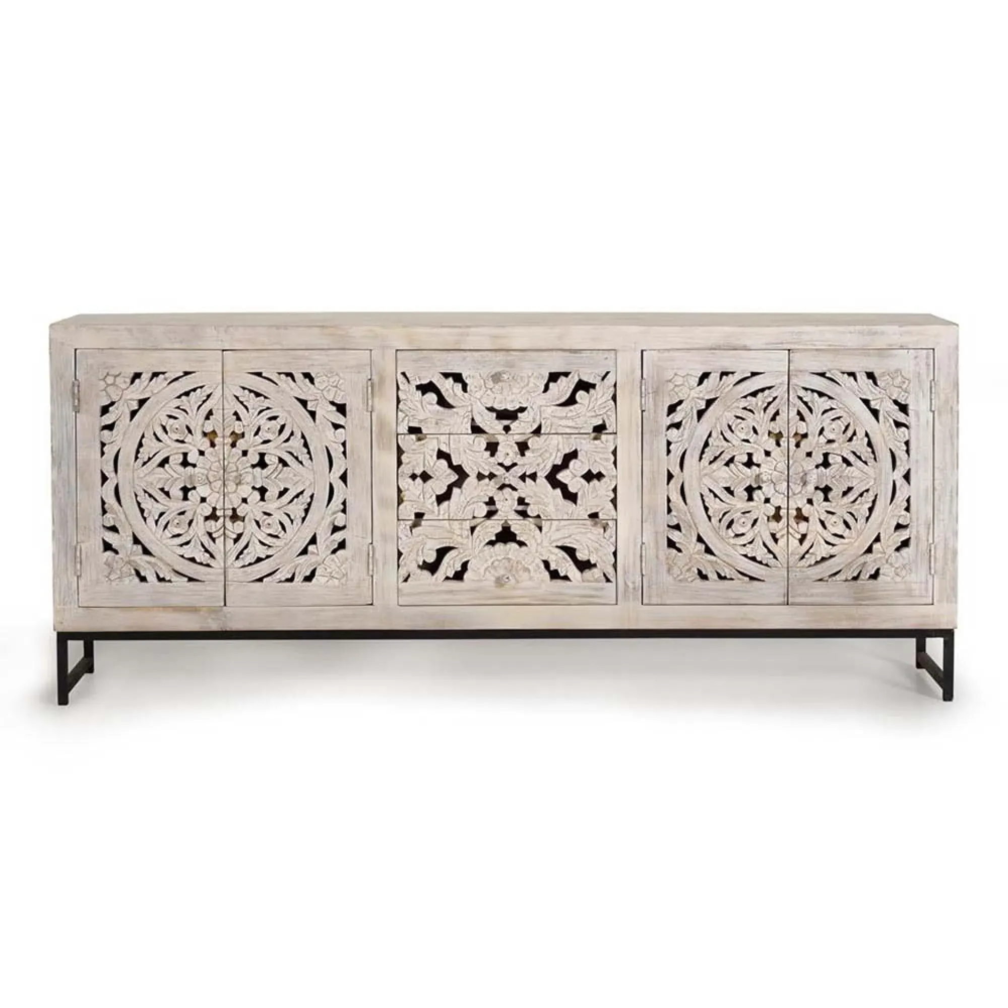 Quintana Carved 4 Door Sideboard - White Washed, Mango Wood