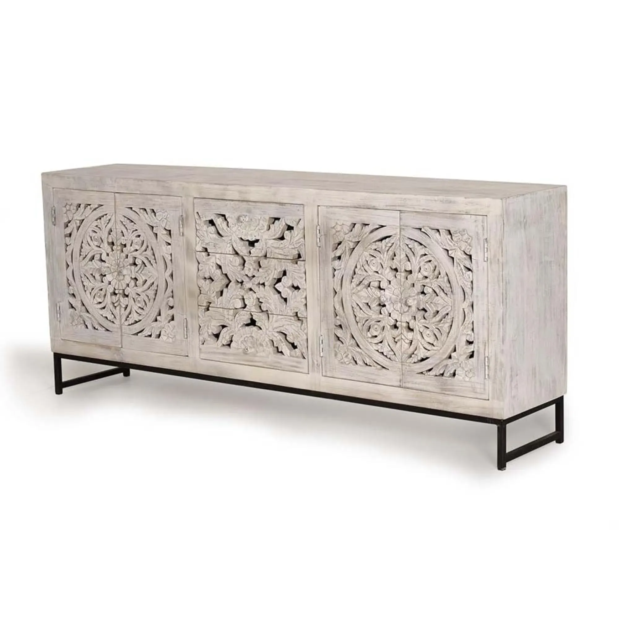 Quintana Carved 4 Door Sideboard - White Washed, Mango Wood