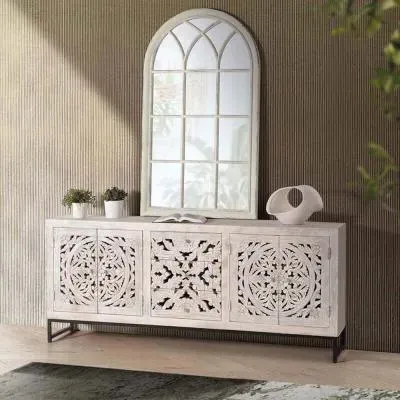 Quintana Carved 4 Door Sideboard - White Washed, Mango Wood
