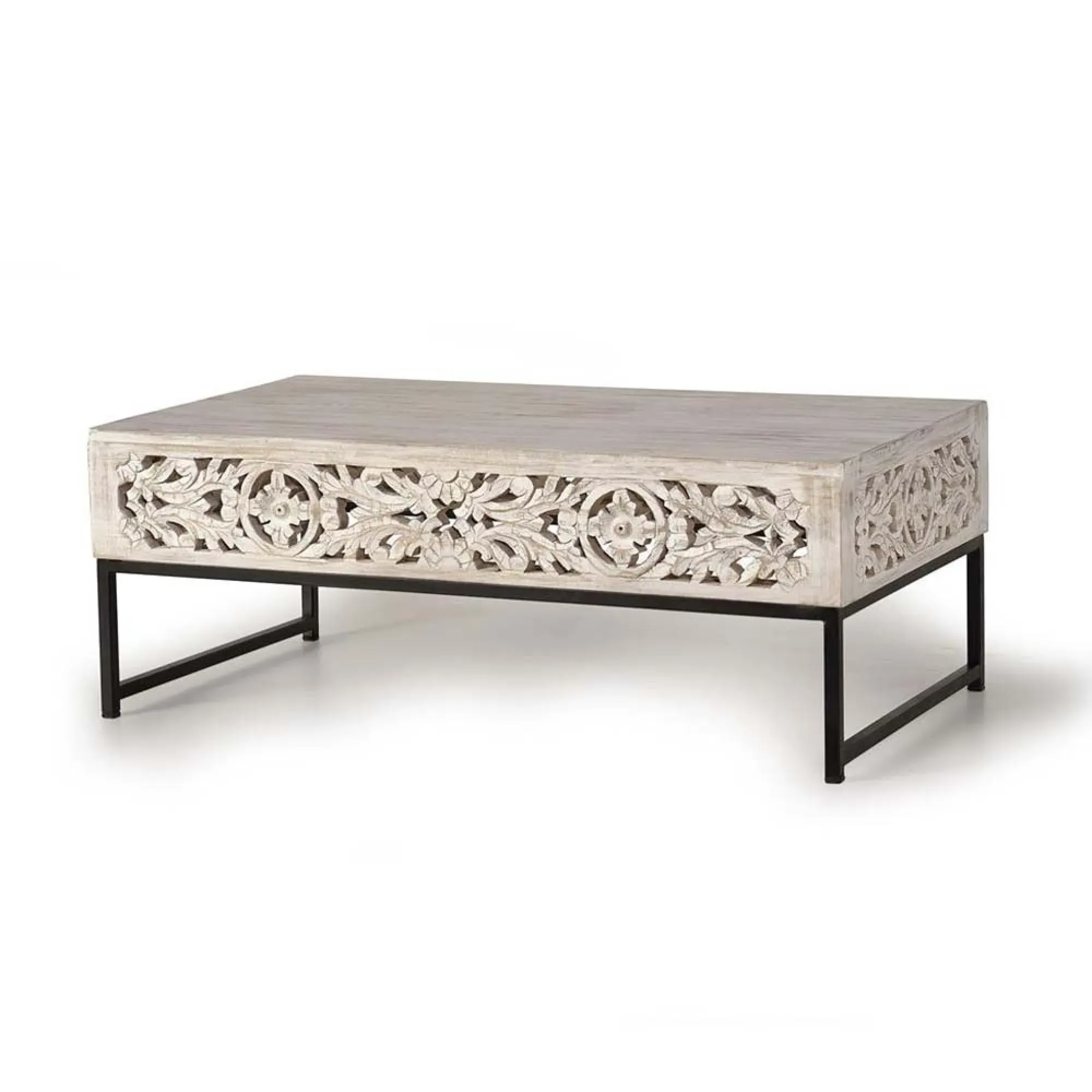 Quintana Carved Coffee Table - White Washed, Mango Wood