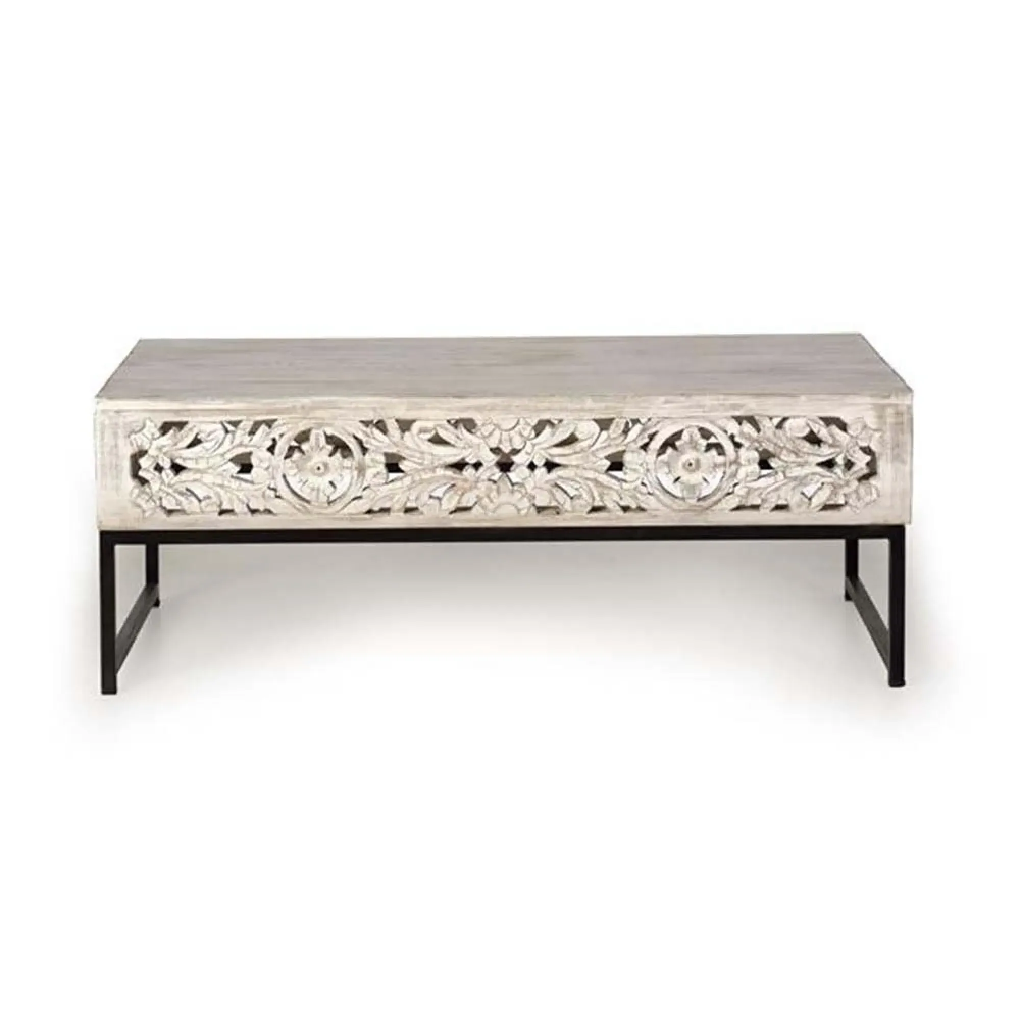 Quintana Carved Coffee Table - White Washed, Mango Wood