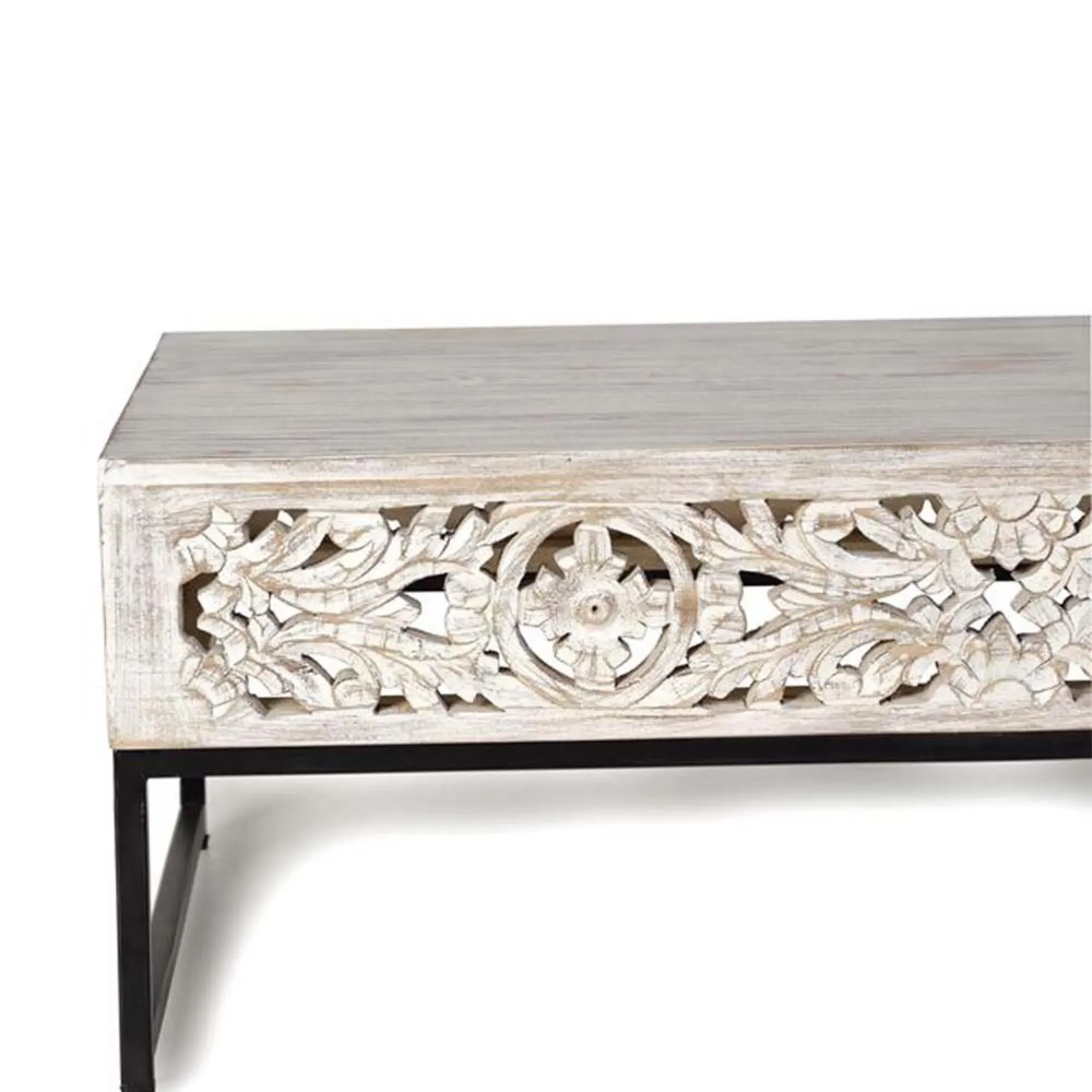 Quintana Carved Coffee Table - White Washed, Mango Wood