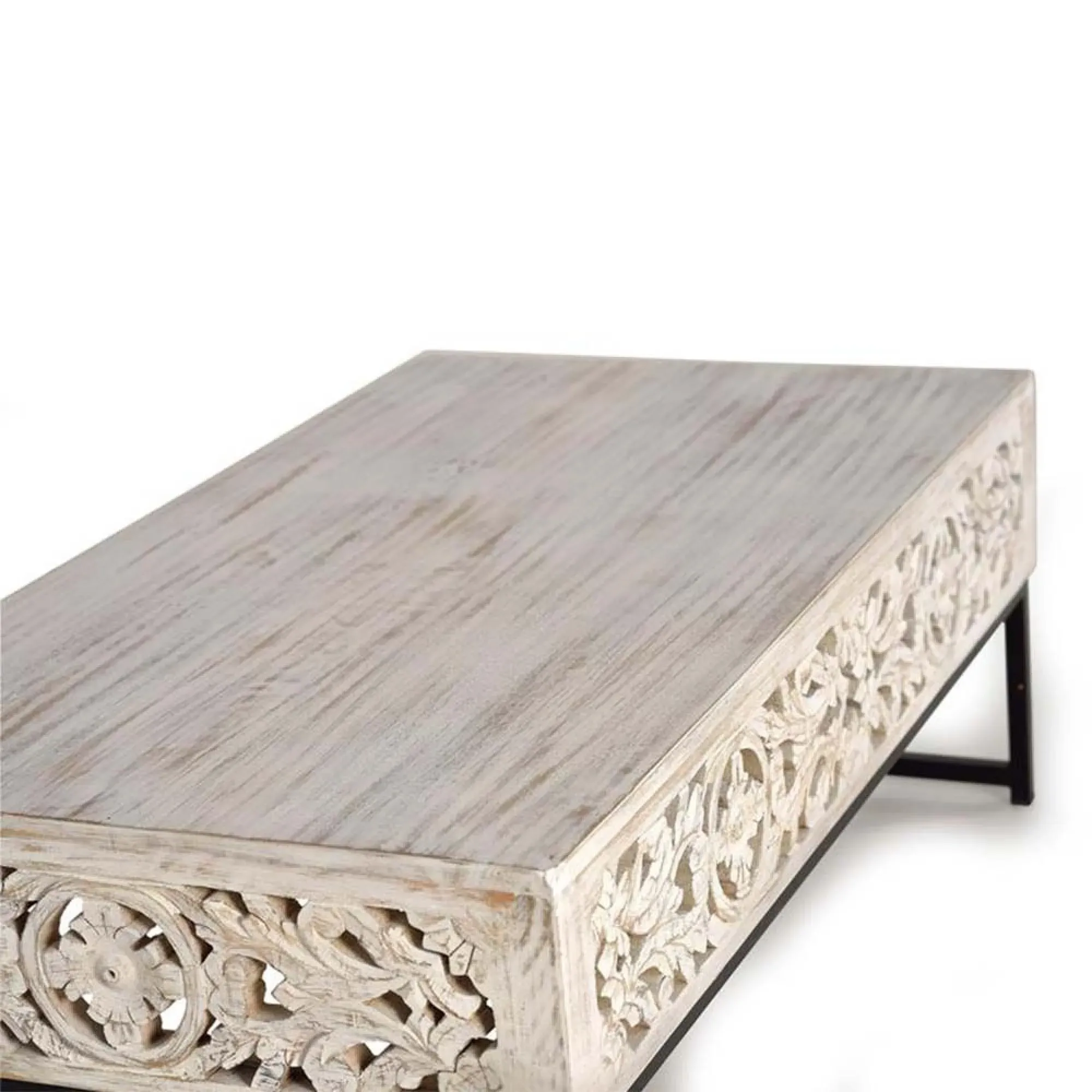 Quintana Carved Coffee Table - White Washed, Mango Wood