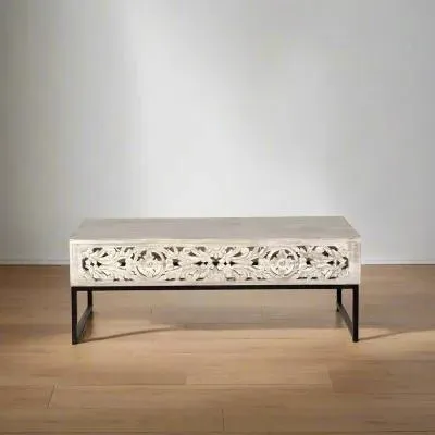 Quintana Carved Coffee Table - White Washed, Mango Wood image
