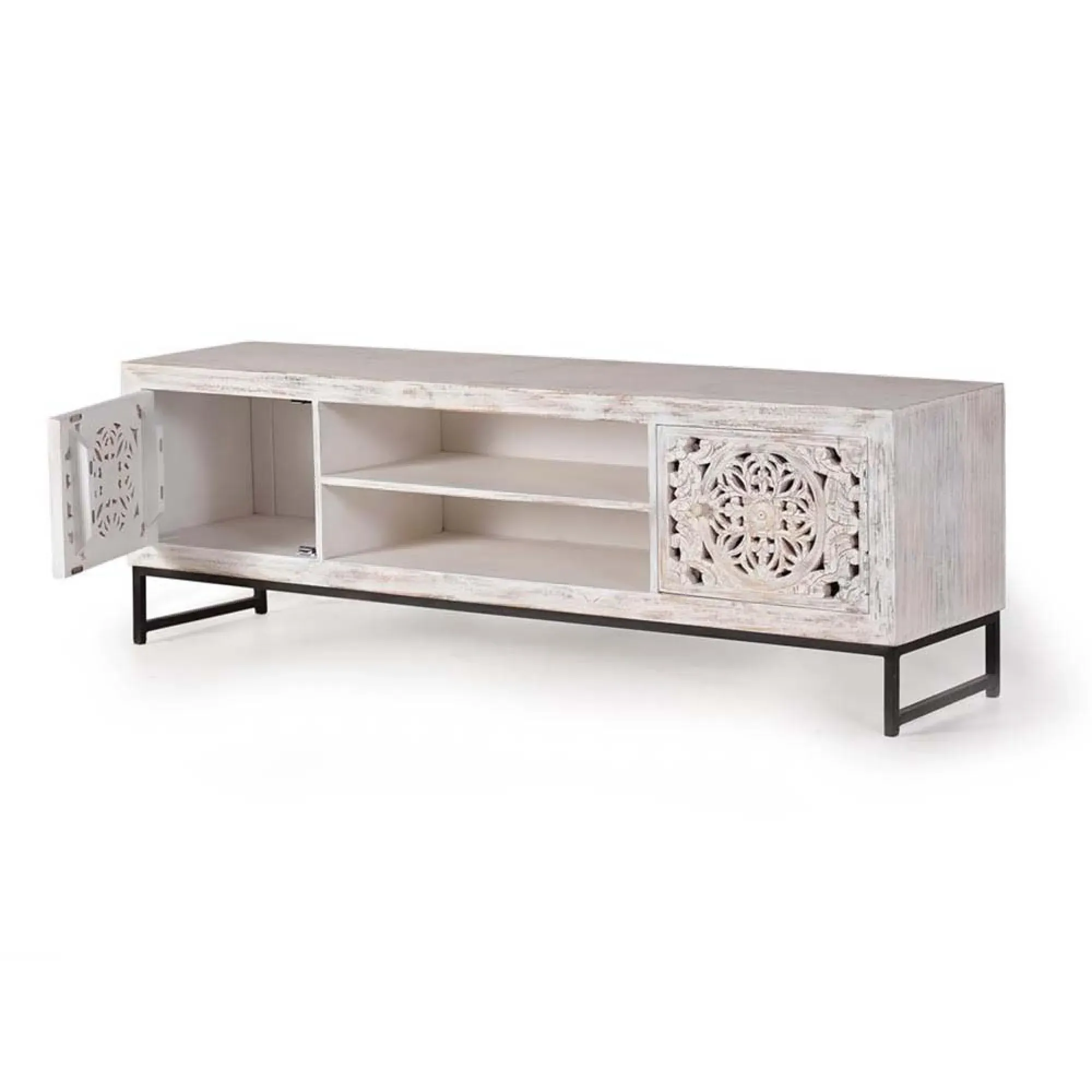 Quintana Carved Large 2 Door TV Unit - White Washed, Mango Wood