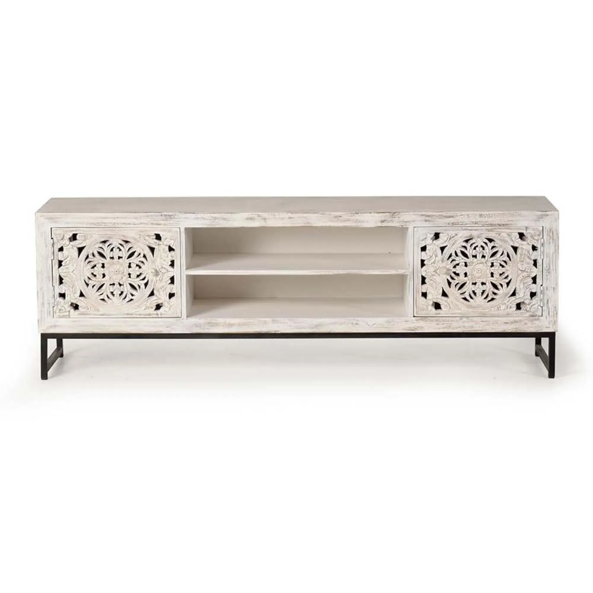 Quintana Carved Large 2 Door TV Unit - White Washed, Mango Wood