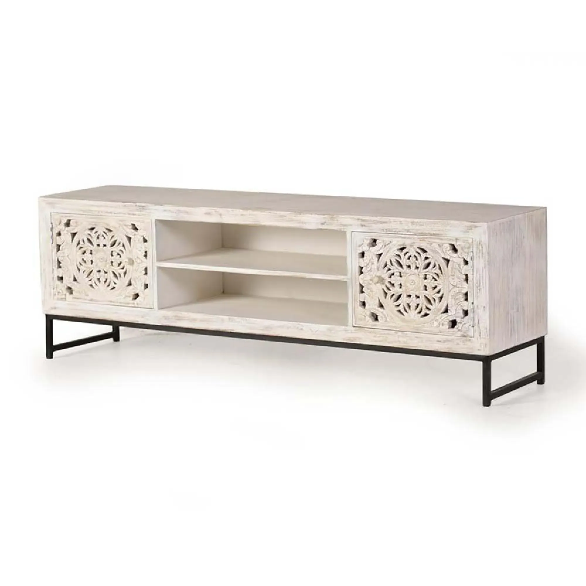 Quintana Carved Large 2 Door TV Unit - White Washed, Mango Wood