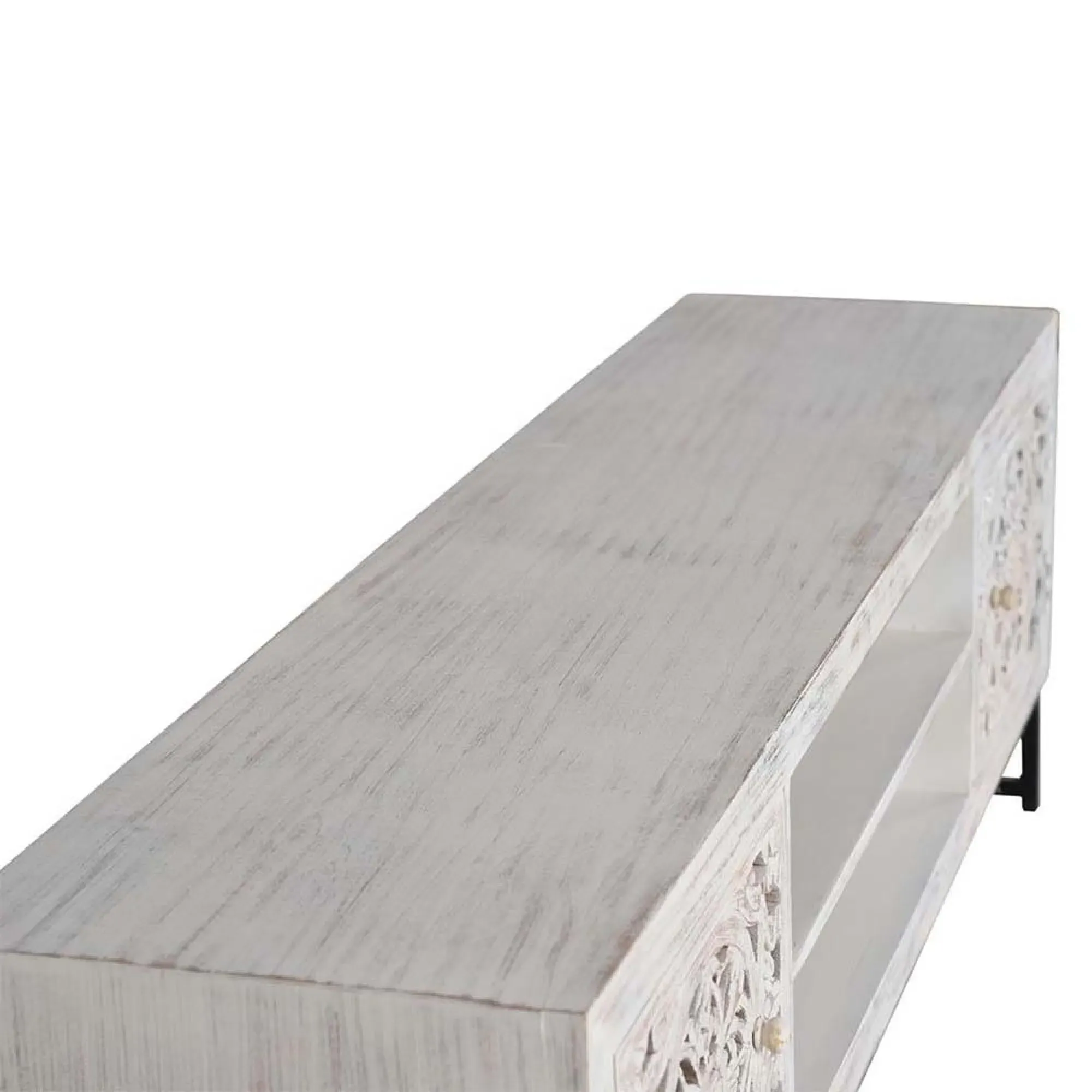 Quintana Carved Large 2 Door TV Unit - White Washed, Mango Wood