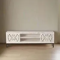 Quintana Carved Large 2 Door TV Unit - White Washed, Mango Wood