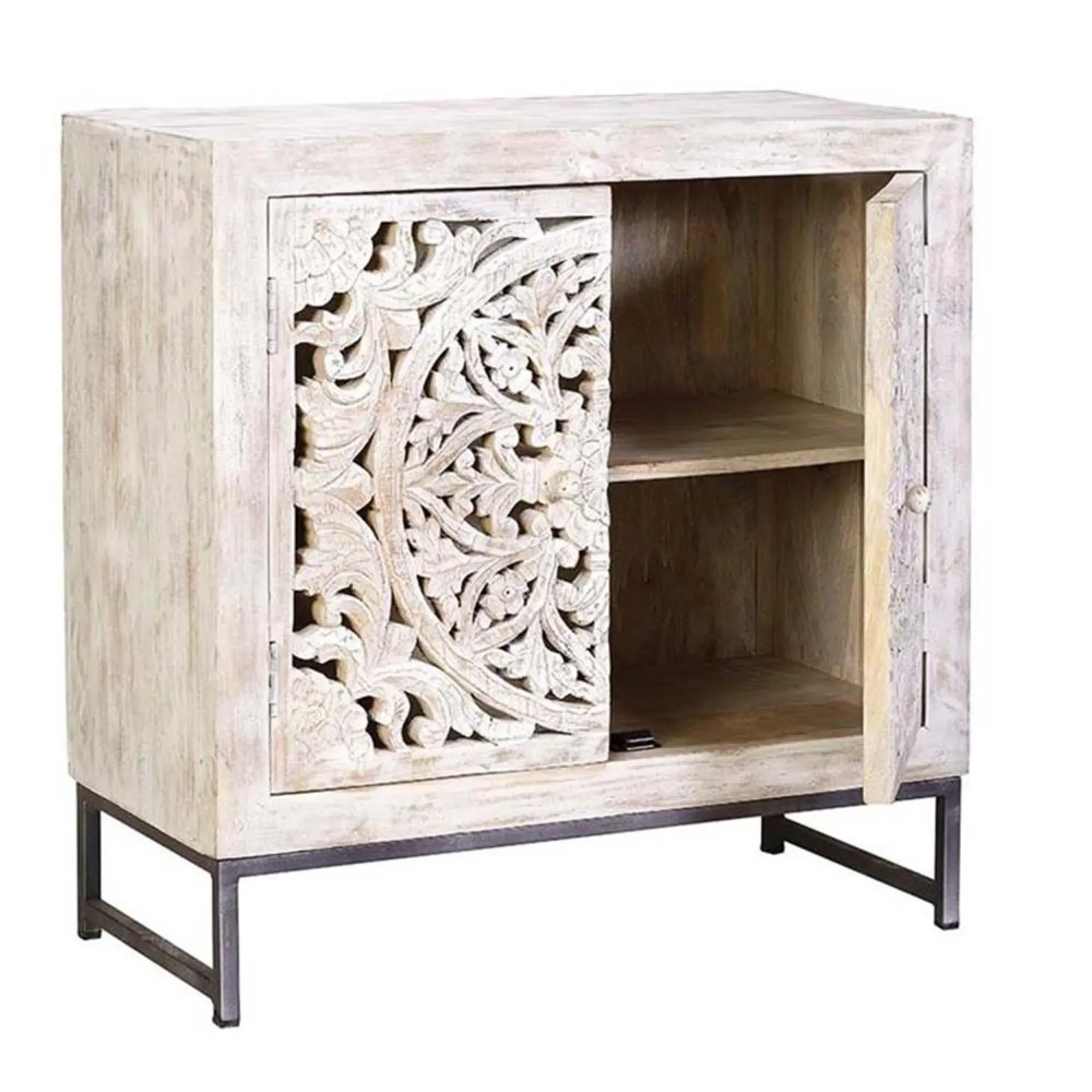 Quintana Carved Small 2 Door Sideboard - White Washed, Mango Wood
