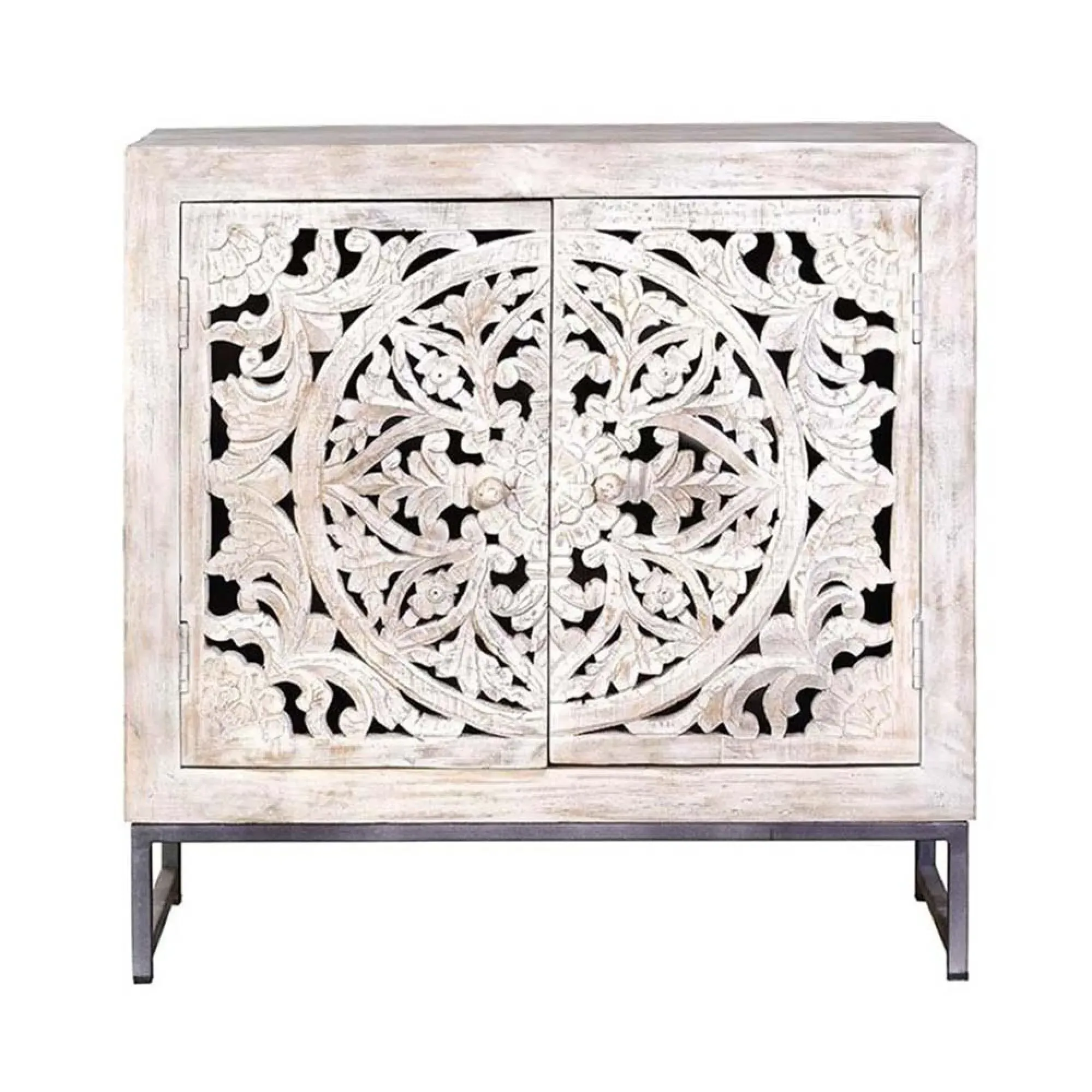 Quintana Carved Small 2 Door Sideboard - White Washed, Mango Wood