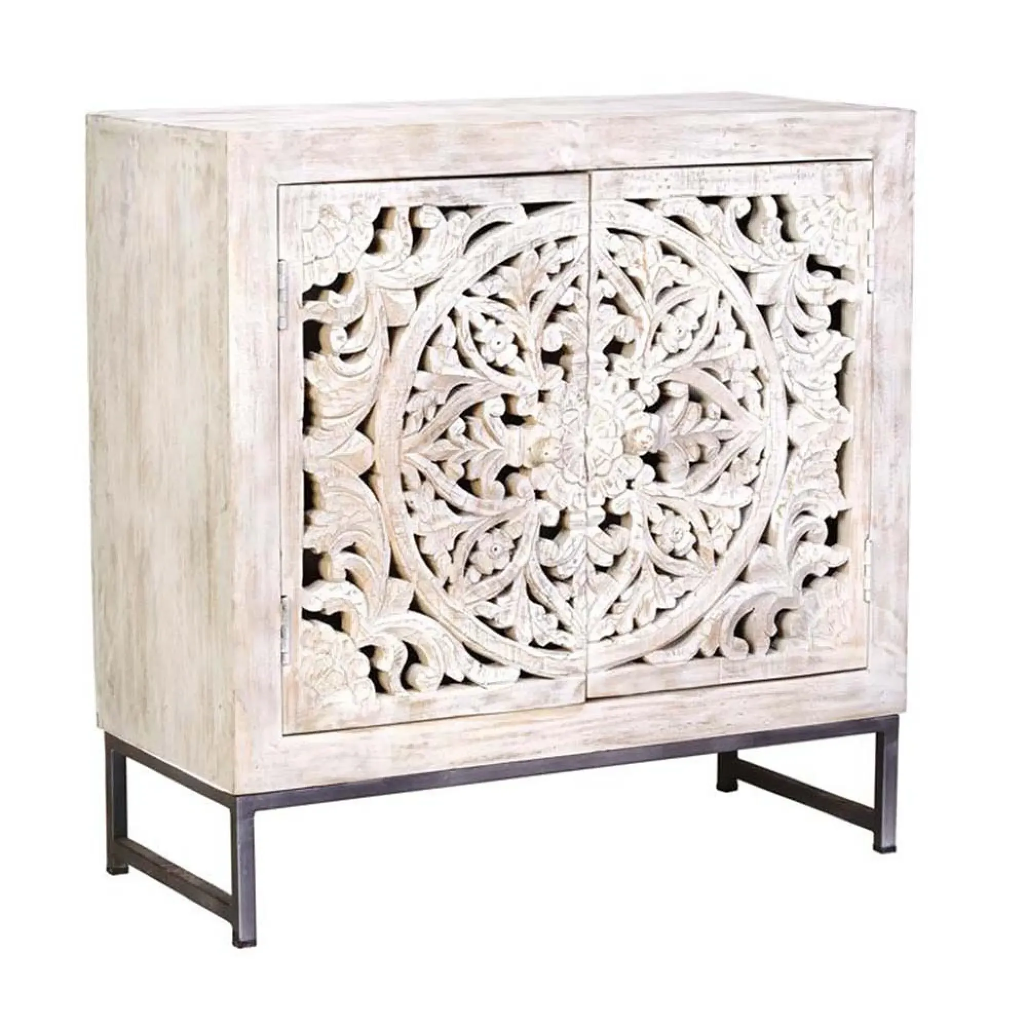 Quintana Carved Small 2 Door Sideboard - White Washed, Mango Wood
