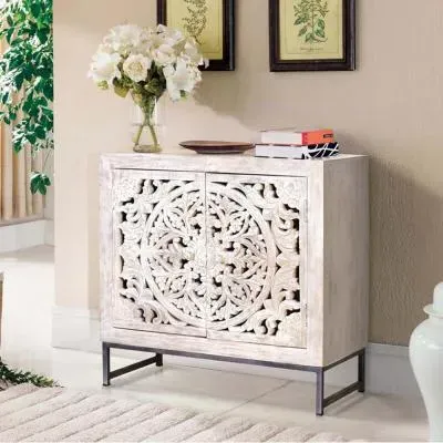 Quintana Carved Small 2 Door Sideboard - White Washed, Mango Wood