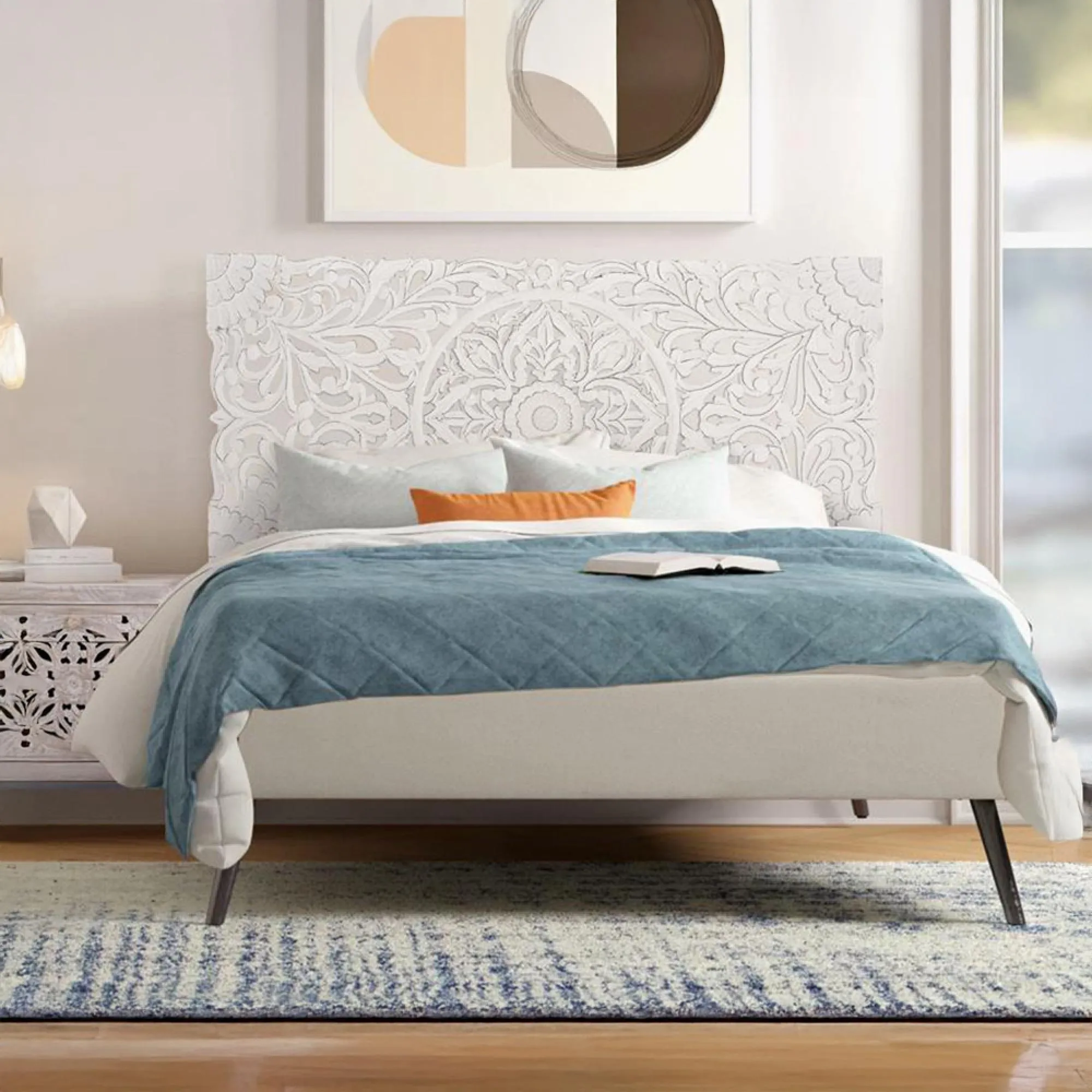 Radoyya Carved Wood Headboard - Aged White