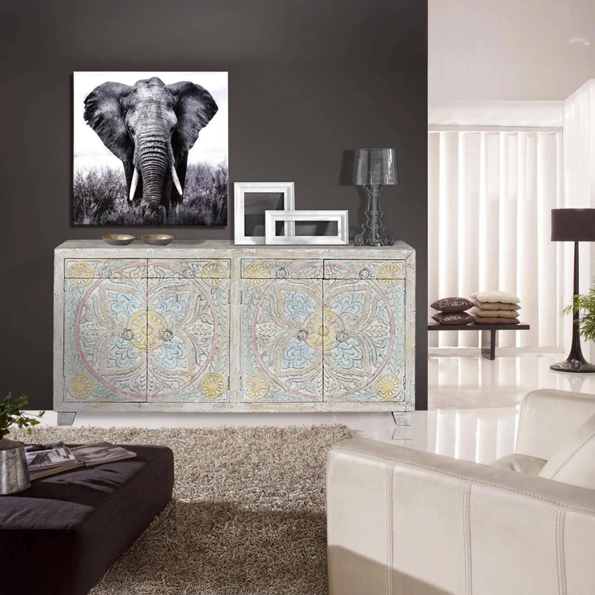 Ravanik Carved 4 Door Sideboard - White, Mango Wood