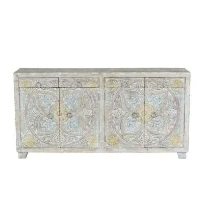 Ravanik Carved 4 Door Sideboard - White, Mango Wood