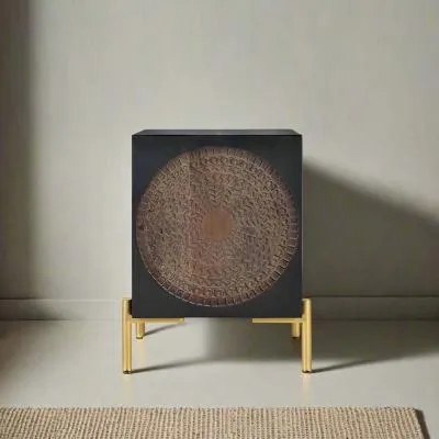 Refton Carved 1 Door Bedside Cabinet - Dark Walnut, Mango Wood