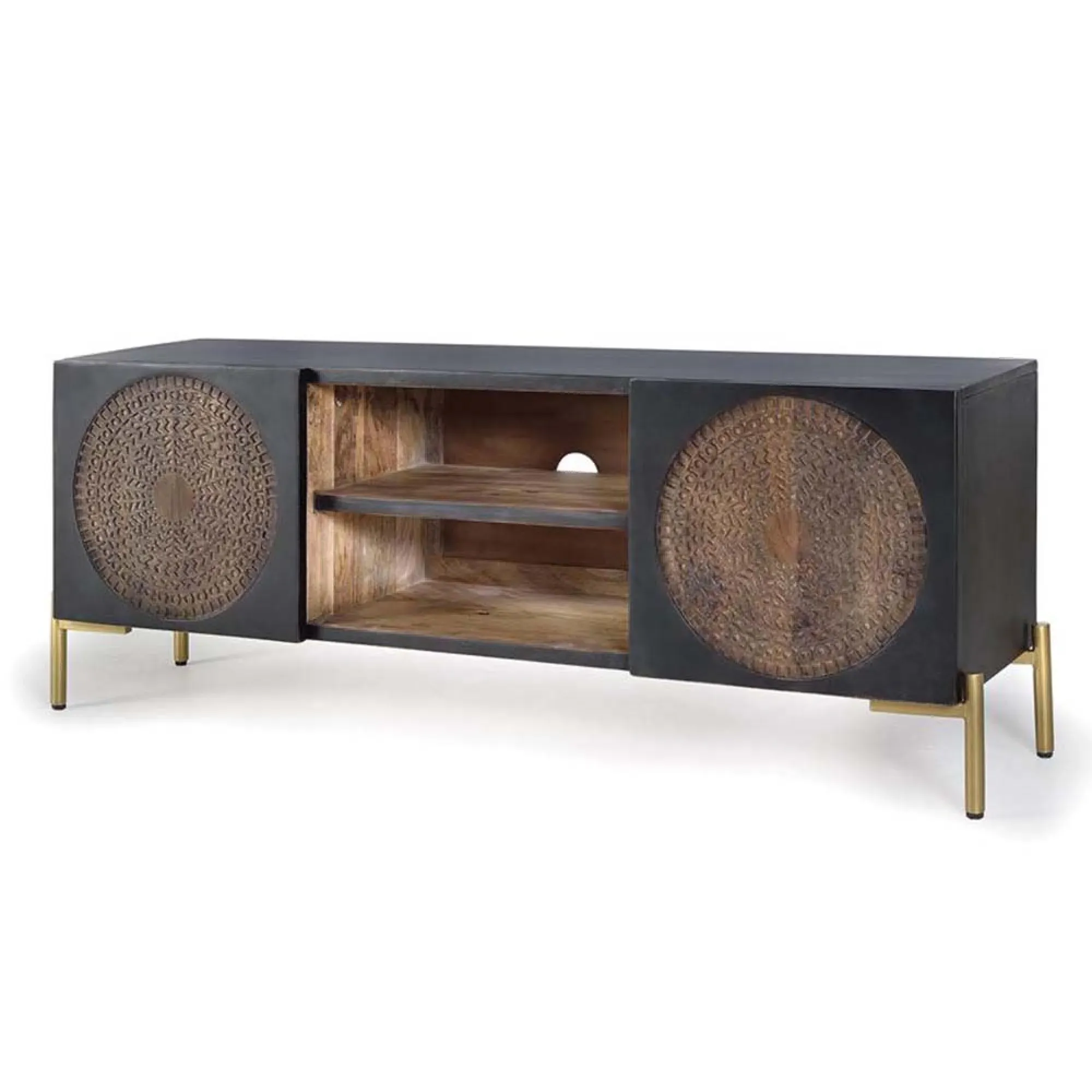 Refton Carved 2 Door TV Unit - Dark Walnut, Mango Wood
