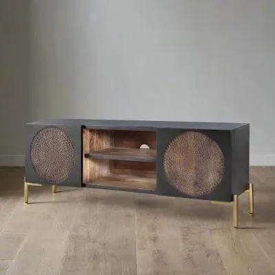 Refton Carved 2 Door TV Unit - Dark Walnut, Mango Wood