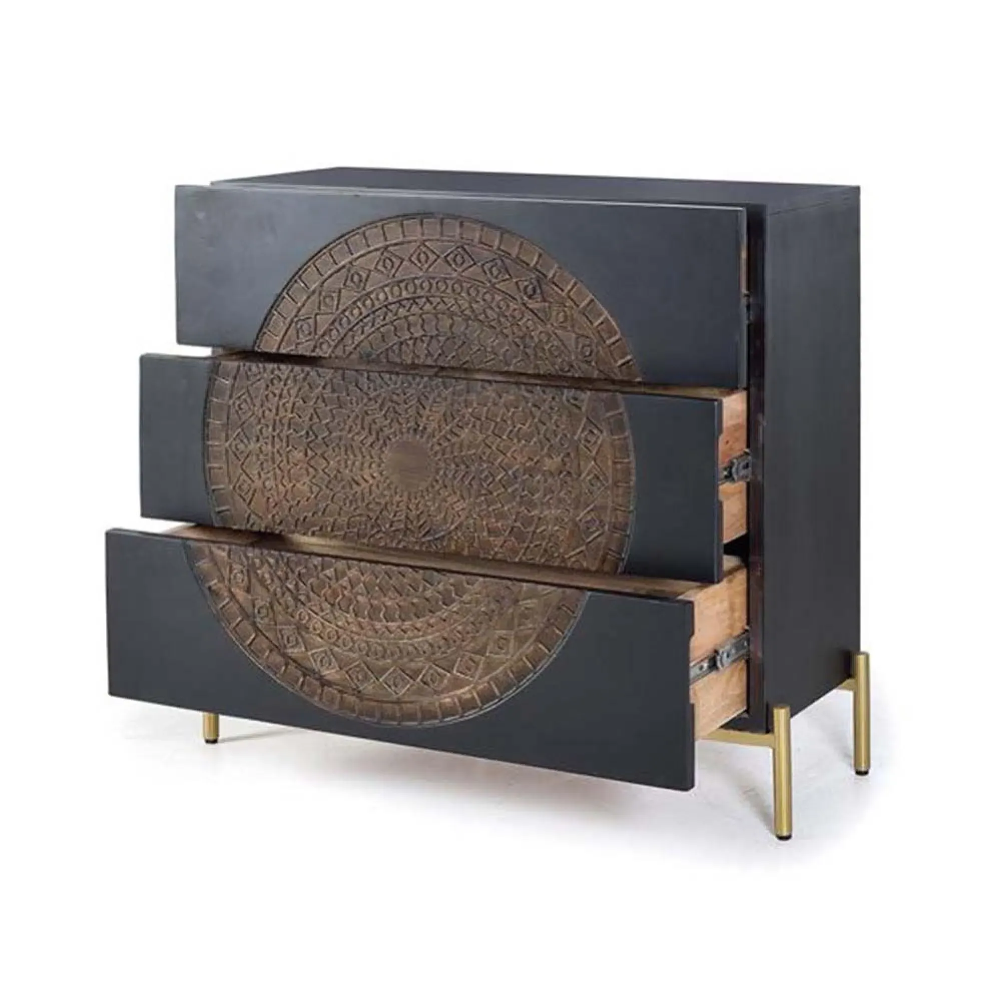 Refton Carved 3 Drawer Chest - Dark Walnut, Mango Wood