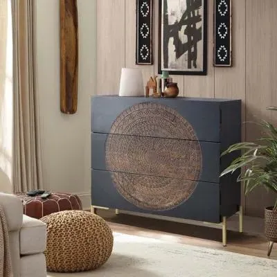 Refton Carved 3 Drawer Chest - Dark Walnut, Mango Wood