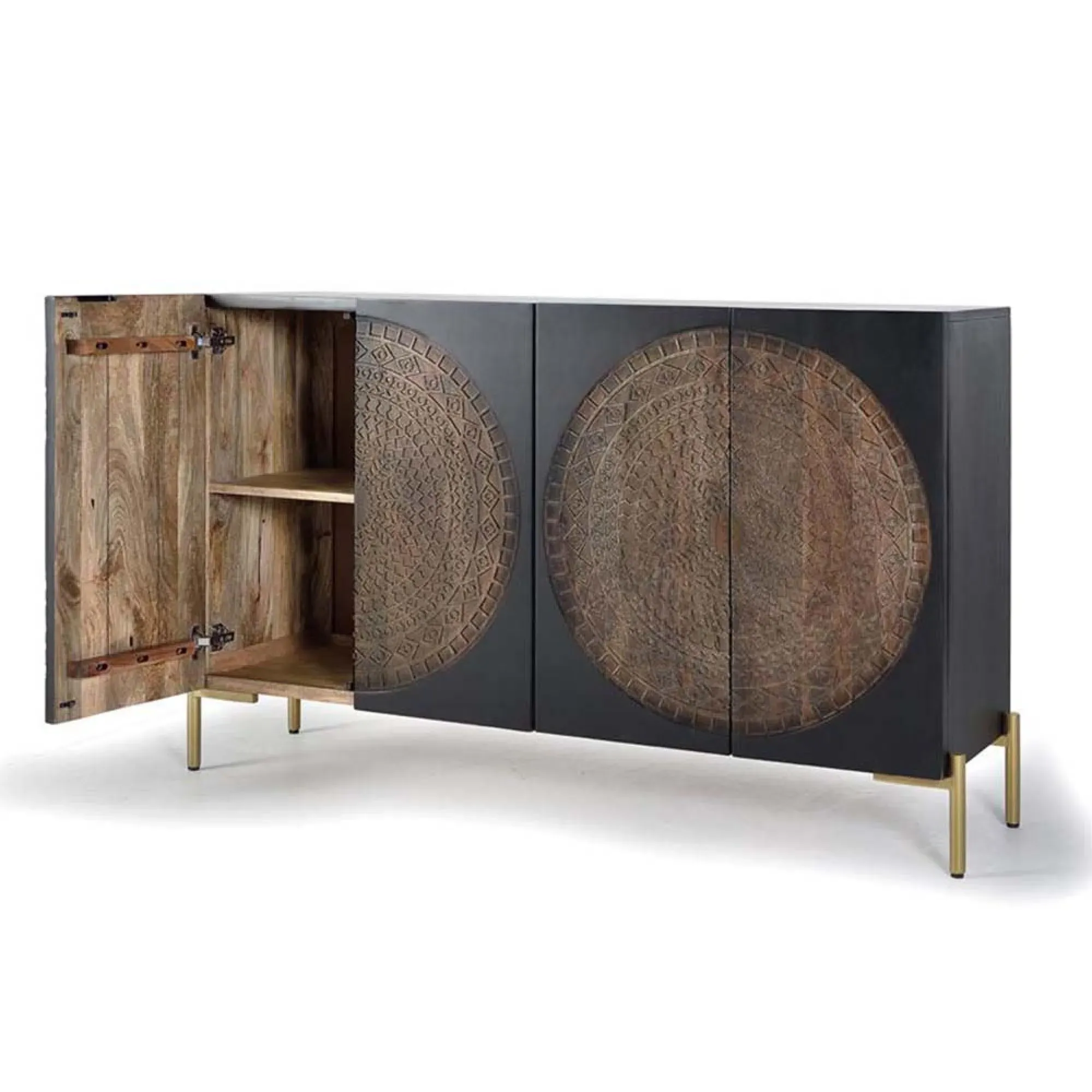 Refton Carved 4 Door Sideboard - Dark Walnut, Mango Wood