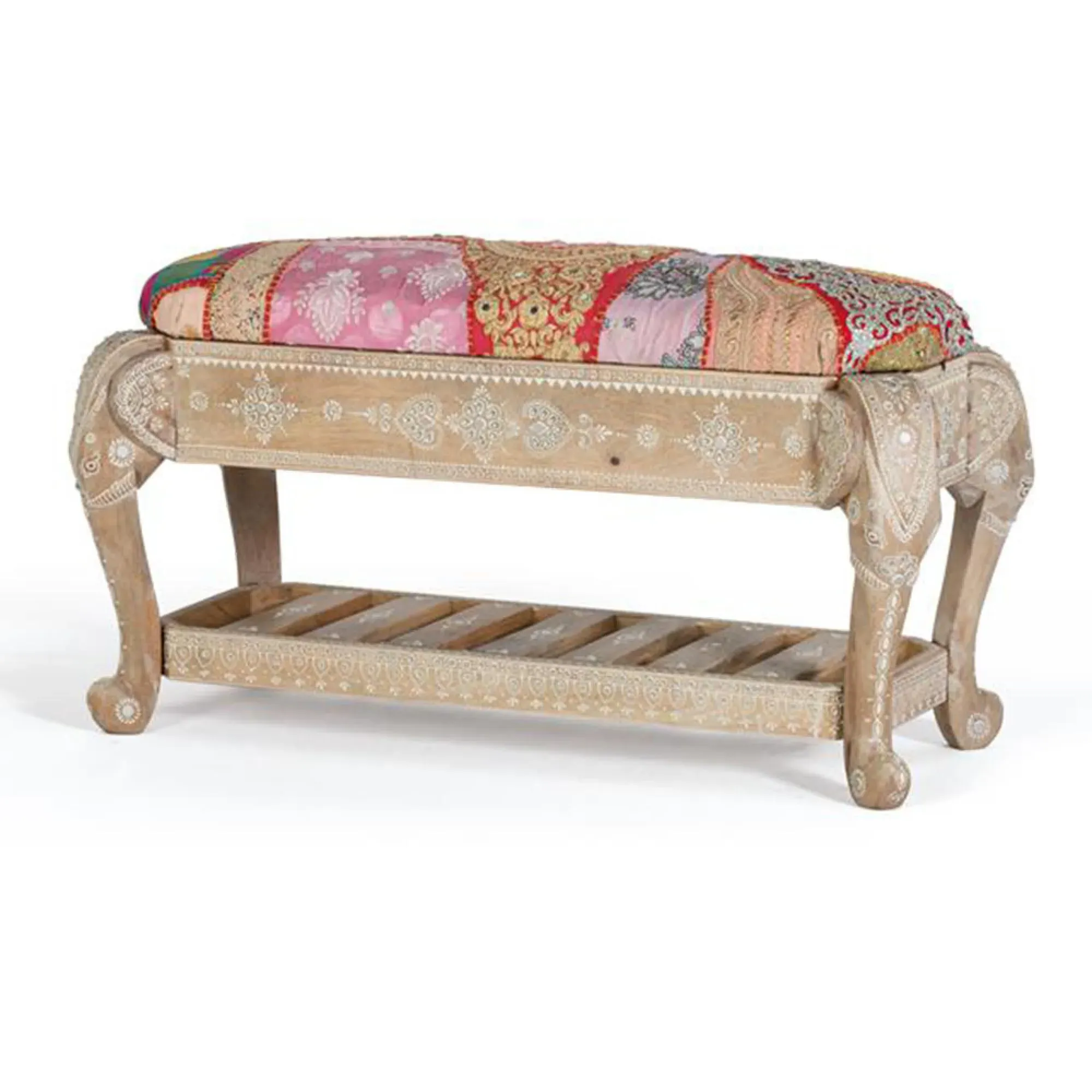 Ringtown Padded Bench - Aged White, Mango Wood