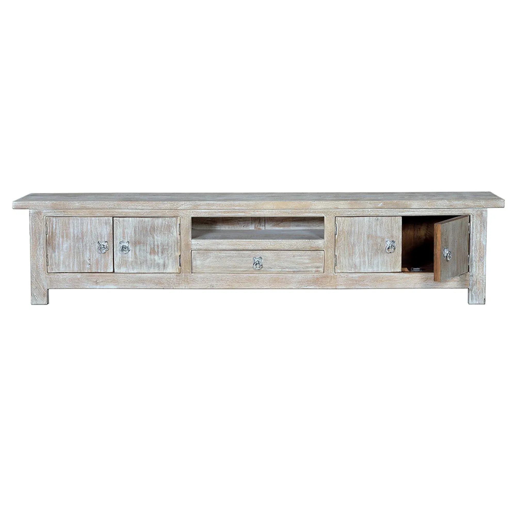 Soleil Large TV Unit with Storage - White Washed, Mango Wood