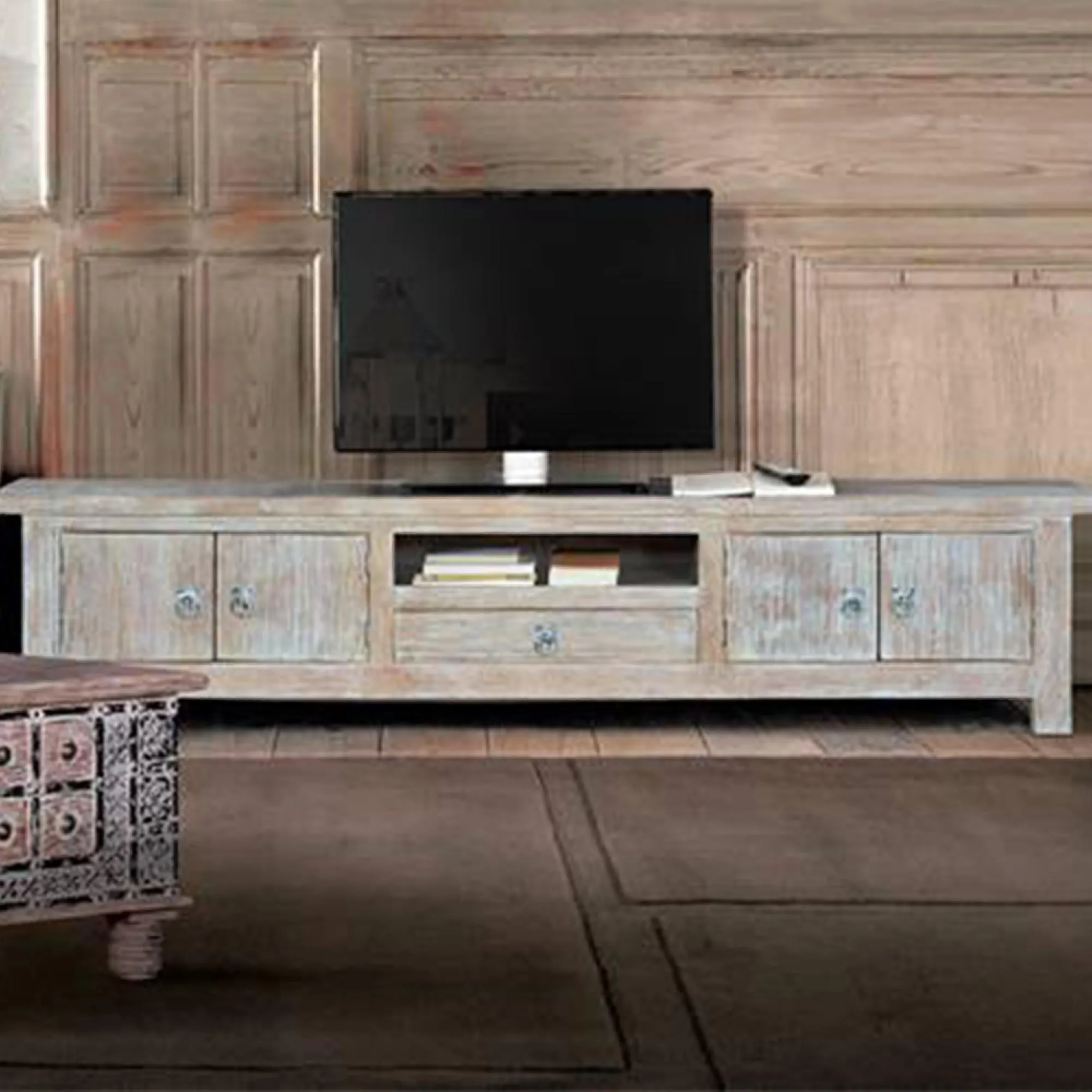 Soleil Large TV Unit with Storage - White Washed, Mango Wood