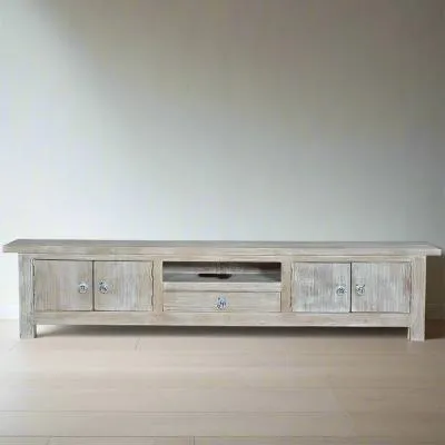 Soleil Large TV Unit with Storage - White Washed, Mango Wood
