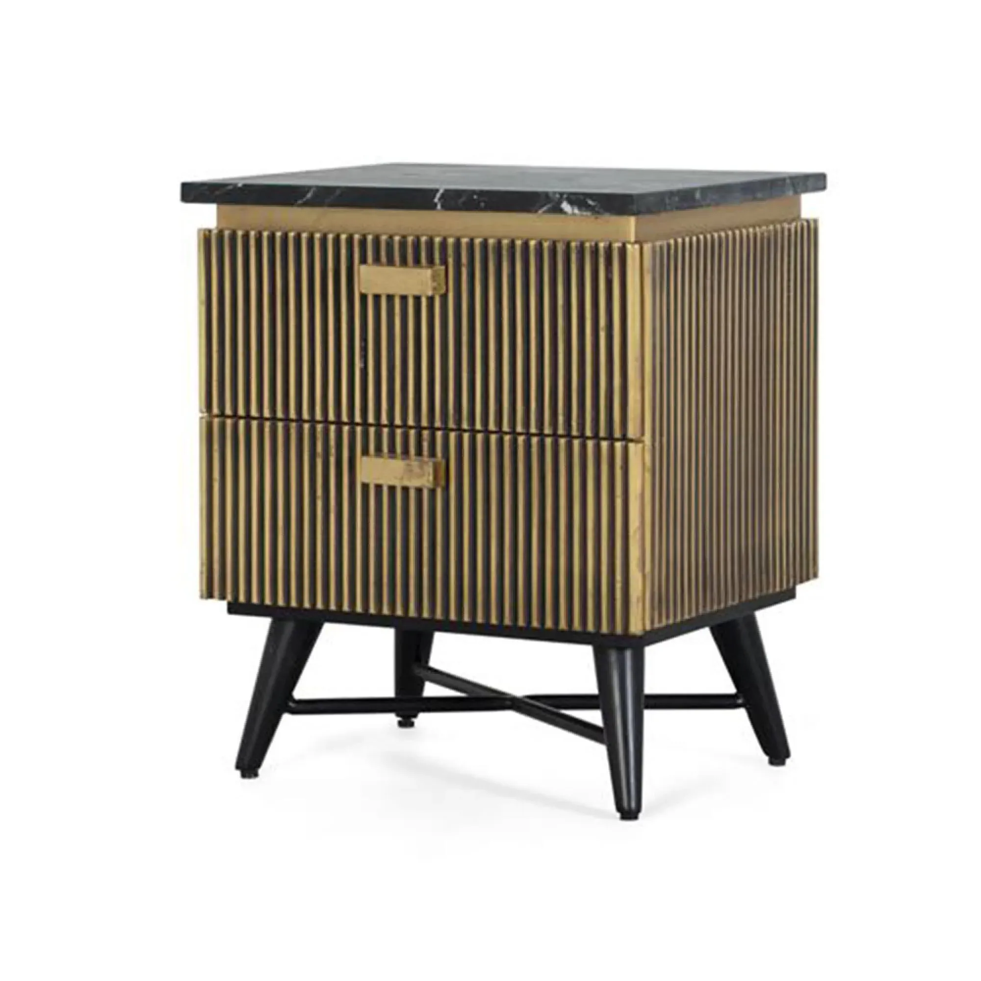 Stephen Ribbed 2 Drawer Bedside Cabinet - Black, Brass