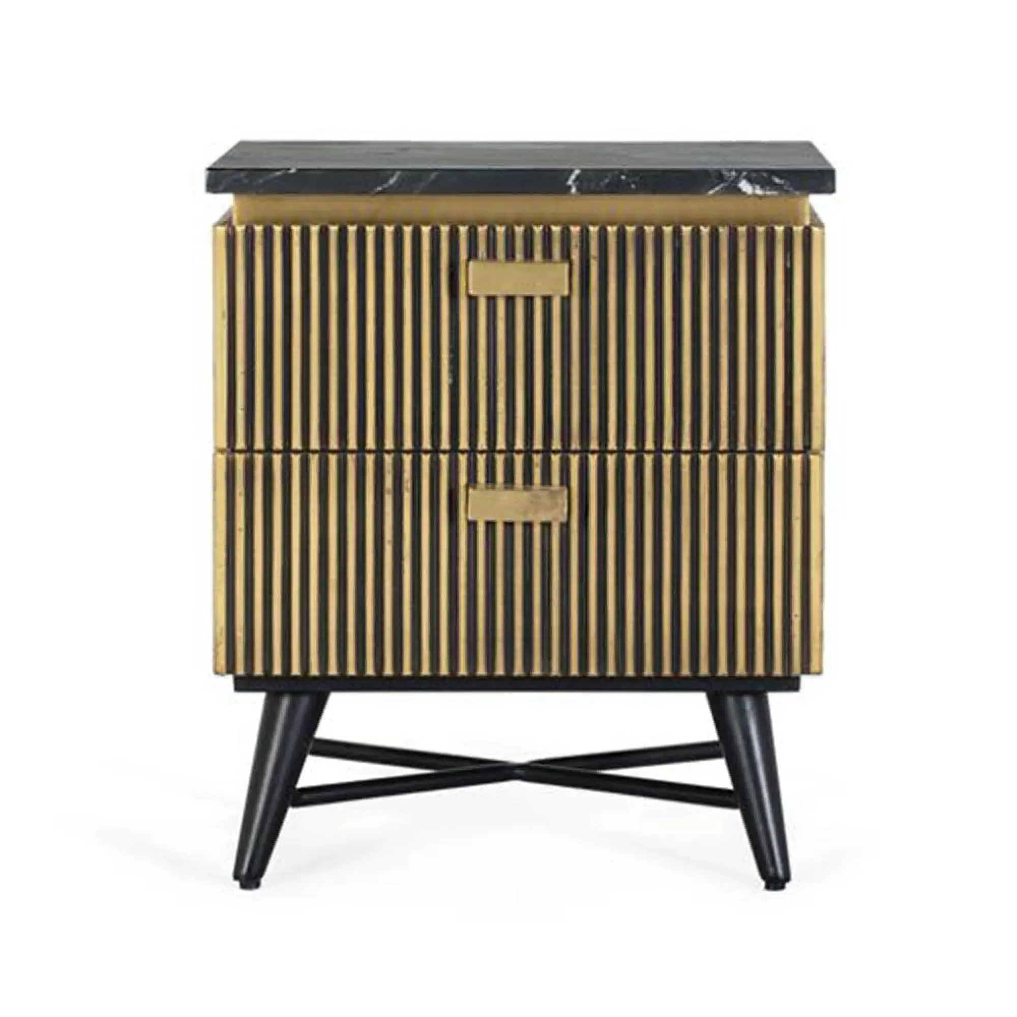 Stephen Ribbed 2 Drawer Bedside Cabinet - Black, Brass