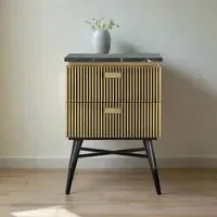 Stephen Ribbed 2 Drawer Bedside Cabinet - Black, Brass