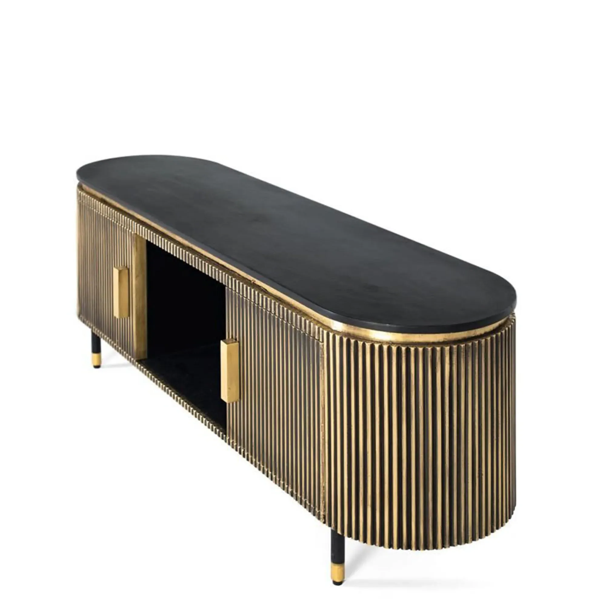 Stephen Ribbed Curved 2 Door TV Unit - Black, Brass