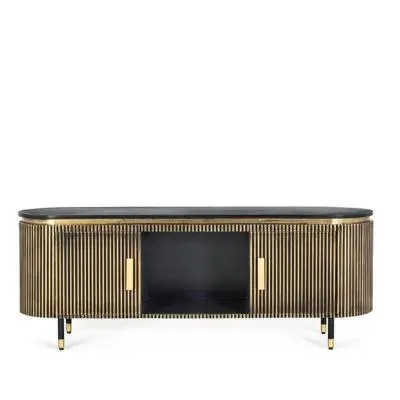 Stephen Ribbed Curved 2 Door TV Unit - Black, Brass