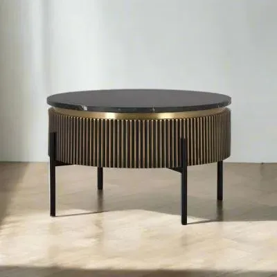 Stephen Ribbed Round Coffee Table - Black, Brass