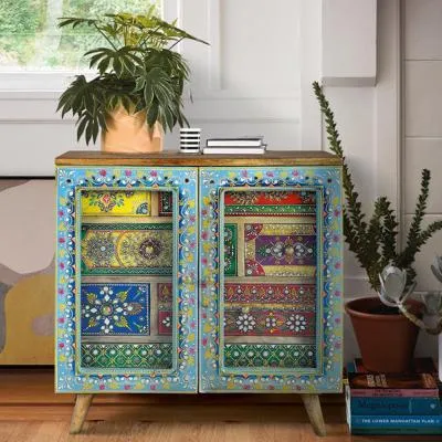 Timberon 2 Door Hall Cabinet - Blue, Mango Wood
