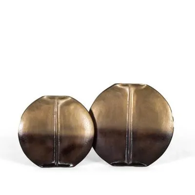 Treviso Flat Round Metal Vase Set of 2 - Gold image