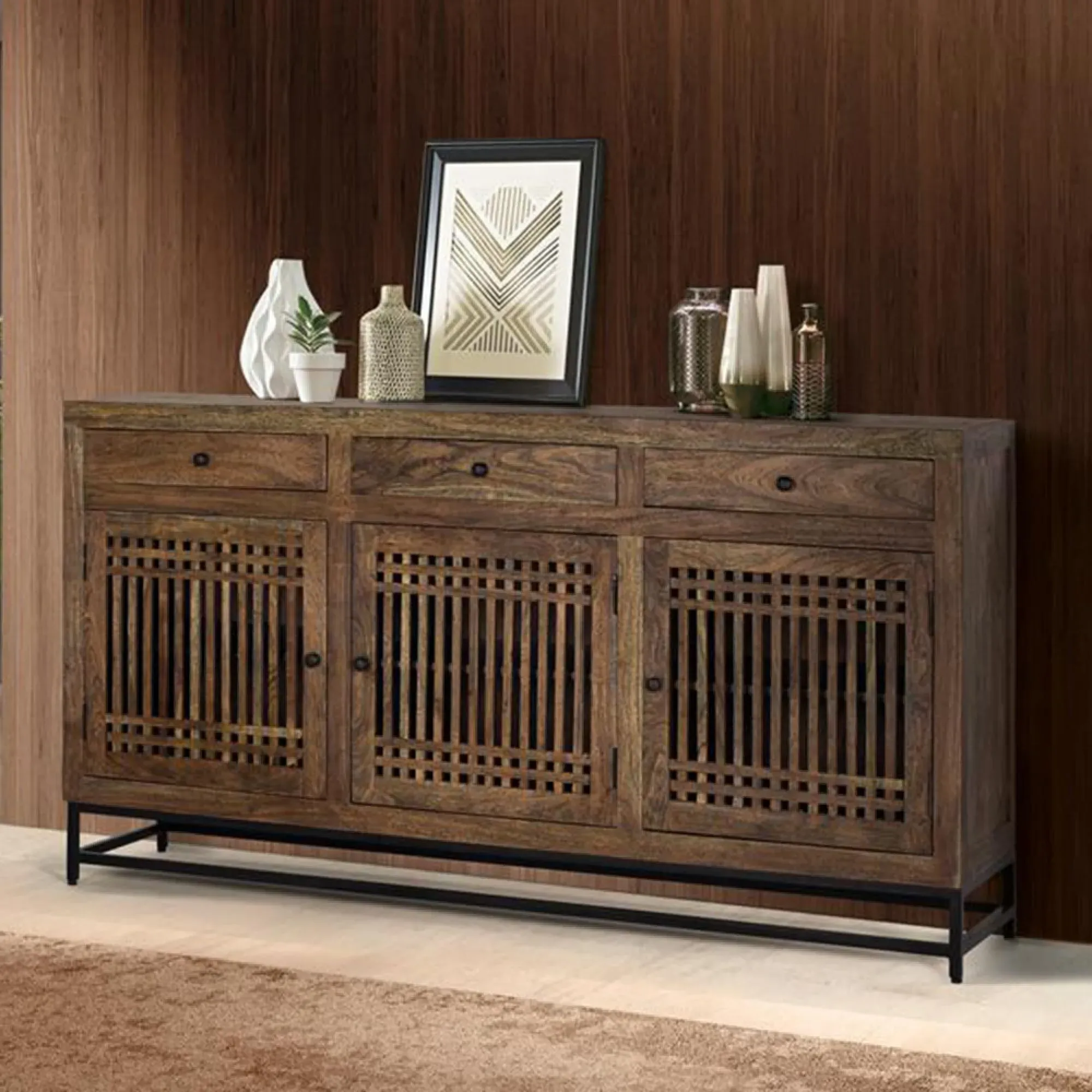 Uvalda Acacia Wood Slatted 3 Door Extra Large Sideboard
