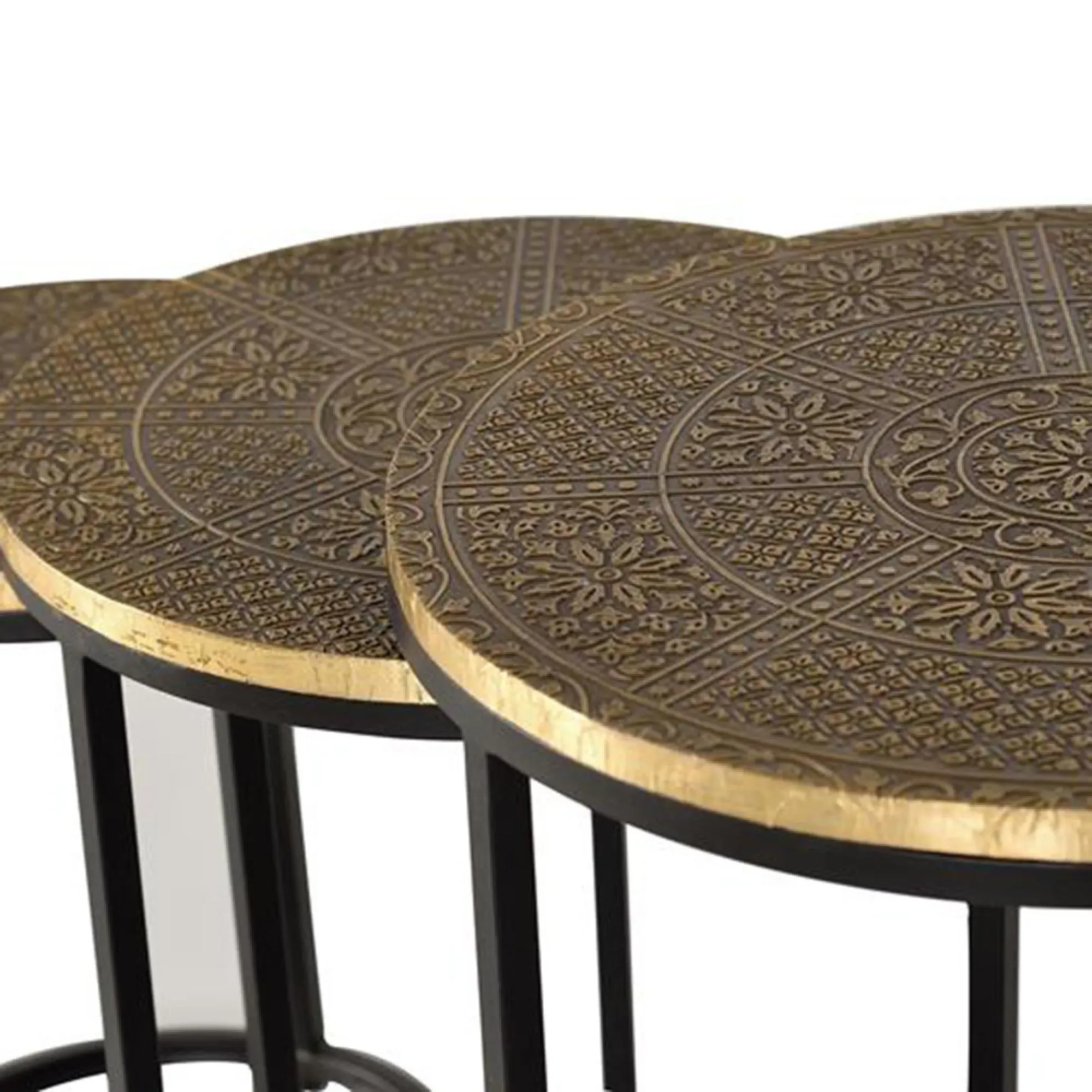 Wampembe Carved Round Nest of 3 Tables - Bronze, Metal