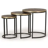 Wampembe Carved Round Nest of 3 Tables - Bronze, Metal