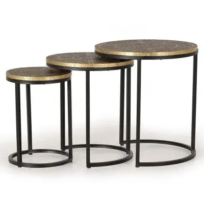Wampembe Carved Round Nest of 3 Tables - Bronze, Metal image