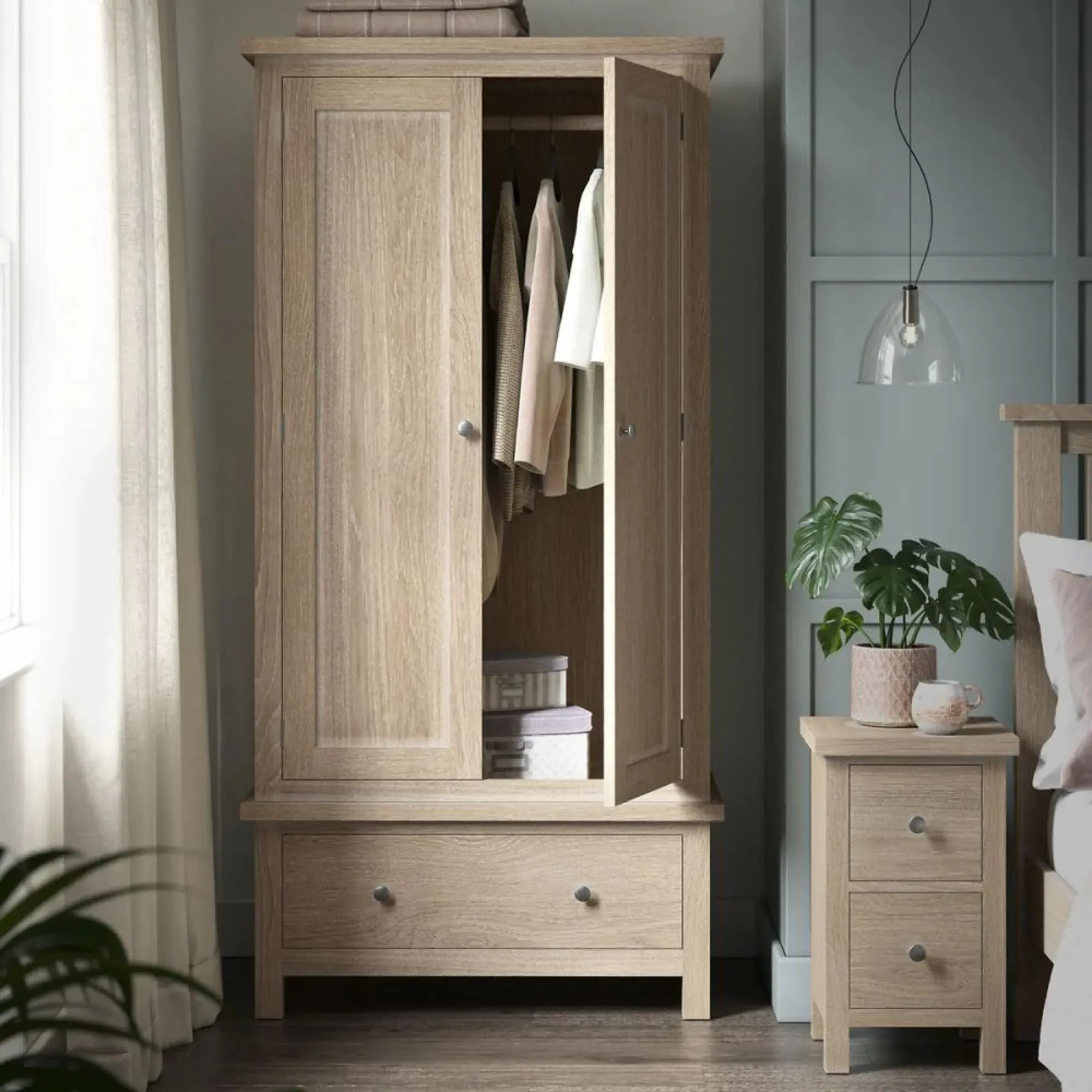 Country Oak 2 Door Gents Wardrobe - White Washed