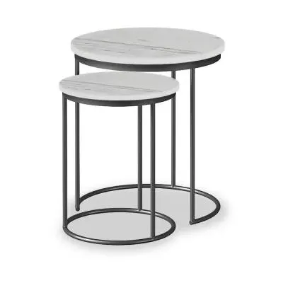 Marmora Round Nest of 2 Tables - White, Marble